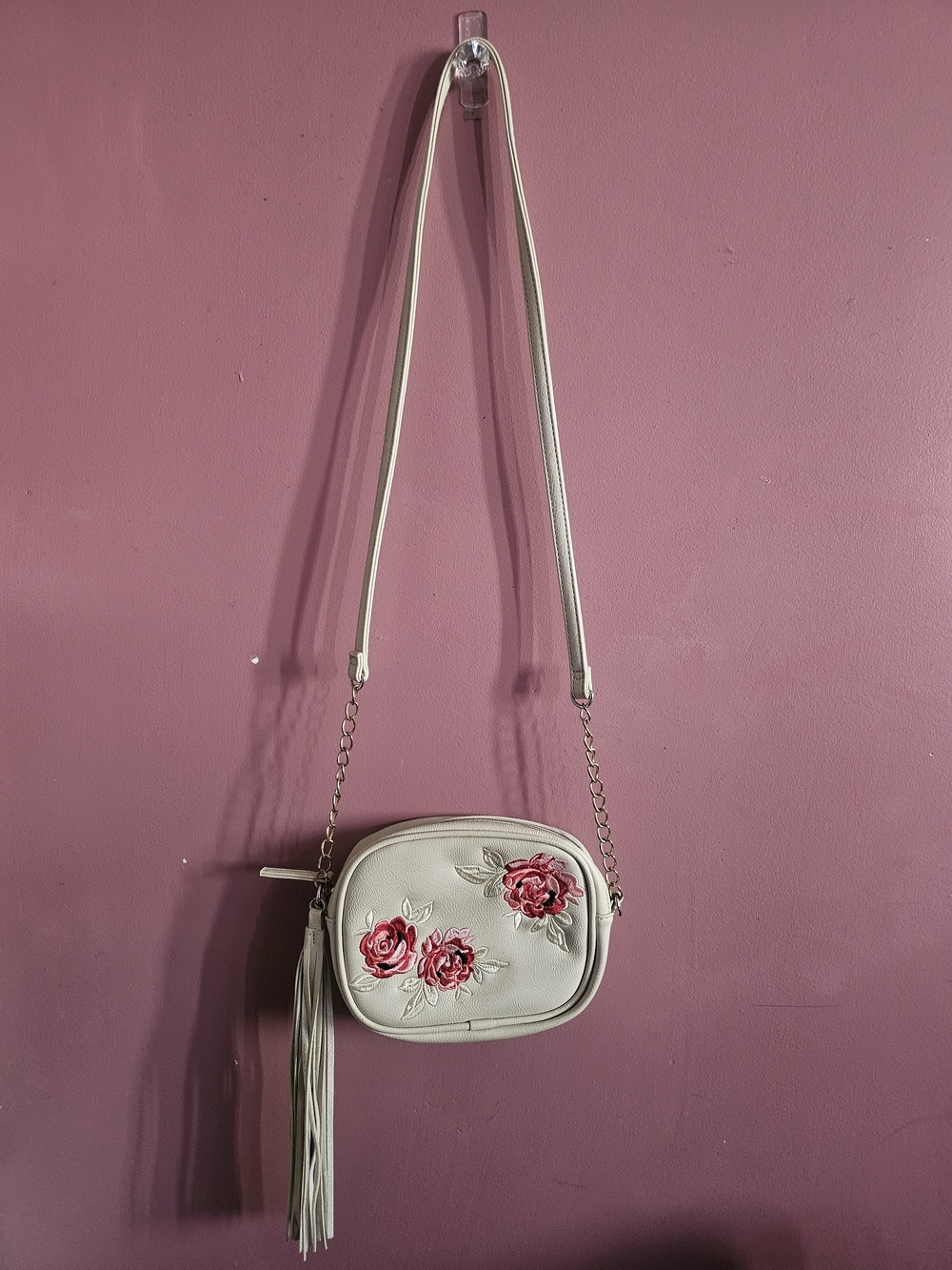 Charlotte Russe Cream Crossbody Bag with Pink Floral Embroidery and Tassel